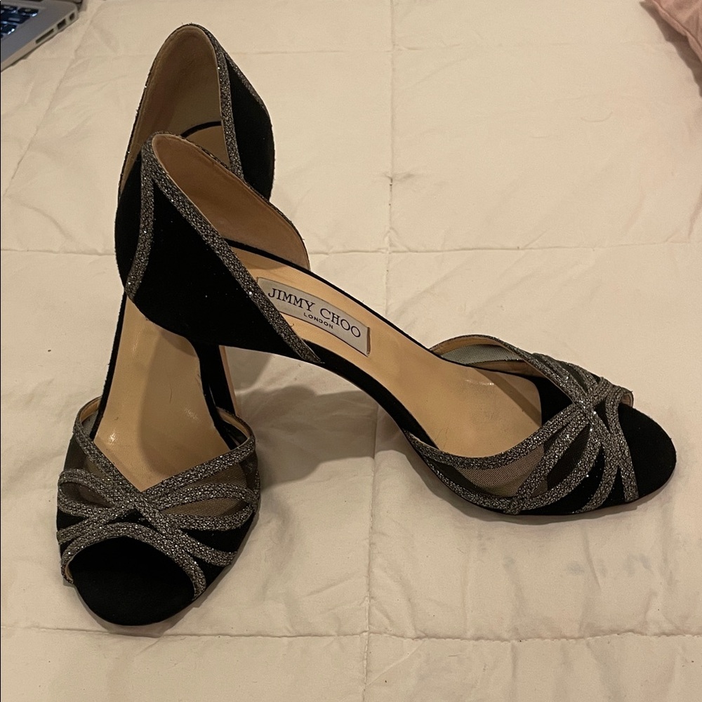 Jimmy Choo Black and Glittering Silver Heels